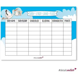 #detailverliebt Baby-Stadt-Land-Fluss zur Baby-Party I DIN A4 I Set Baby-Party blau Junge Boy Storch Spiele Quiz I dv_163