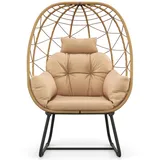 COSTWAY Korbsessel Rattan, übergroßer Loungesessel mit abnehmbarem Kissen & Metallgestell, Gartensessel, Rattansessel für Balkon, Garten, Terrasse, Wohnzimmer (Beige)