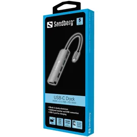 Sandberg USB-C Dock HDMI+3xUSB+PD 100W - USB Hub, Grau