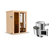 Woodfeeling Karibu Sauna Irava 1 - 68 mm Systemsauna - 230 Volt Plug & Play Bronzierte Ganzglastür Ohne Dachkranz 3,6 kW Plug&Play Ofen mit externer Steuerung Easy inkl. 8-teiligem gratis Zubehörpaket (Gesamtwert 191,92€)