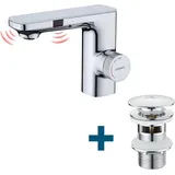 Lonheo - Zwei Infrarotsensor Wasserhahn Automatik Waschtischarmatur + Ablaufgarnitur mit Überlauf, Einhandmischer Wasserhahn Bad mit Pop Up, Chrom