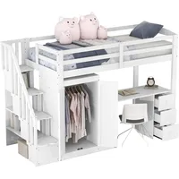 xixiworkshop Hochbett Etagenbett mit Kleiderschrank und Treppe, Schreibtisch und Schubladen und Schrank in einem,90 x 200 weiß