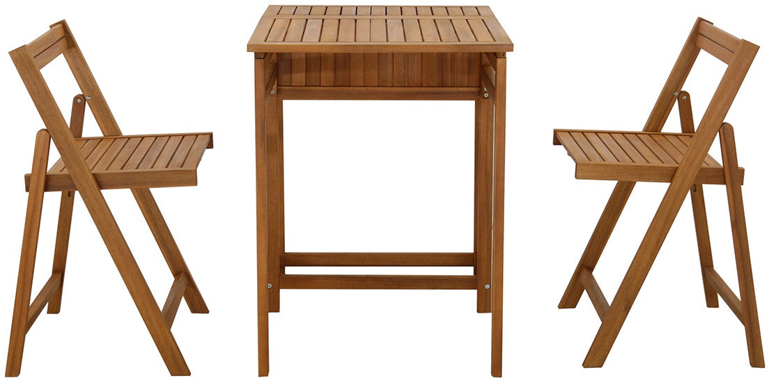 Set de 2 chaises pliantes et 1 table de balcon rabattable avec rangement en bois massif PRADO