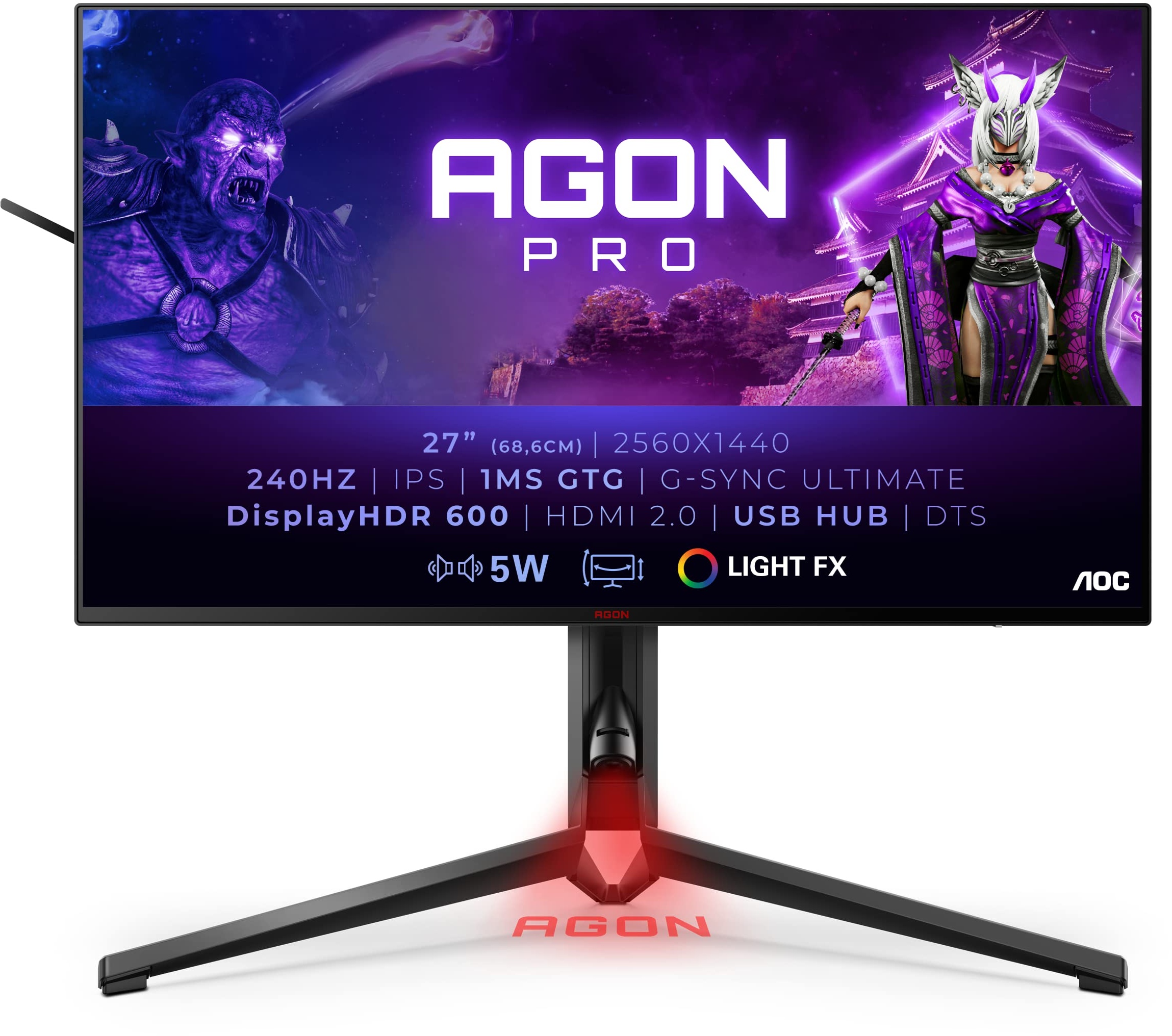 AOC Agon Pro AG274QG - 27 Zoll QHD Gaming Monitor, 240 Hz, 1 ms, HDR600, G-Sync Ultimate (2560x1440, HDMI, DisplayPort, USB Hub) schwarz