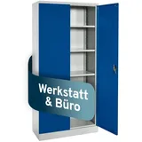 Stahlschrank abschliessbar für Werkstatt & Büro 195x92x42cm, Werkstattschrank sowie Werkzeugschrank mit 4 höhenverstellbaren Einlegeböden,Aktenschrank für 5 Reihen Ordner in Lichtgrau/Enzianblau