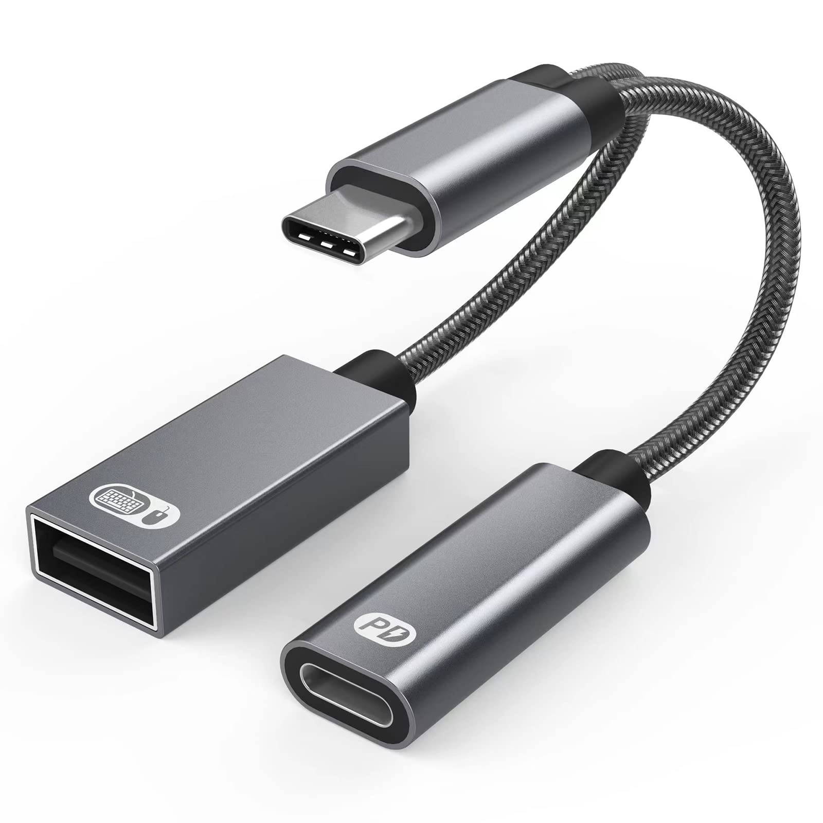 USB C auf USB Adapter OTG und Ladekabel, 2 in 1 USB-C Splitter mit PD 60W Schnellladung Typ C OTG und USB A Buchse Port kompatibel für Chromecast Google TV, iPad Pro und weitere Typ-C Geräte (Gray)