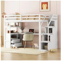 Flieks Hochbett Kinderbett Etagenbett 90x200cm mit Schreibtisch und Stauraumtreppe weiß
