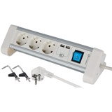 Electraline 62563 Steckdosenleiste 3-Fach Alu für den Schreibtisch + 2 USB 2.4A, Kabel 2m 3G1.5mm / Mehrfachsteckdose/Tischsteckdose Steckerleiste, Schuko Stecker, Weiß