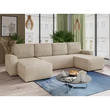 Sofnet Wohnlandschaft mit Schlaffunktion Roma - U-Form Couch, Schlafsofa mit Bettkasten, Couchgranitur mit Bettfunktion, Big Sofa, Cord Stoff (Beige (Poso 100))