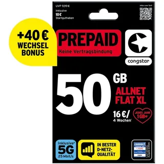 Congstar Prepaid ALLNET XL 55 statt 50 GB Datenvolumen & Flatrate für Telefonie SMS Flat in alle dt. Netze,