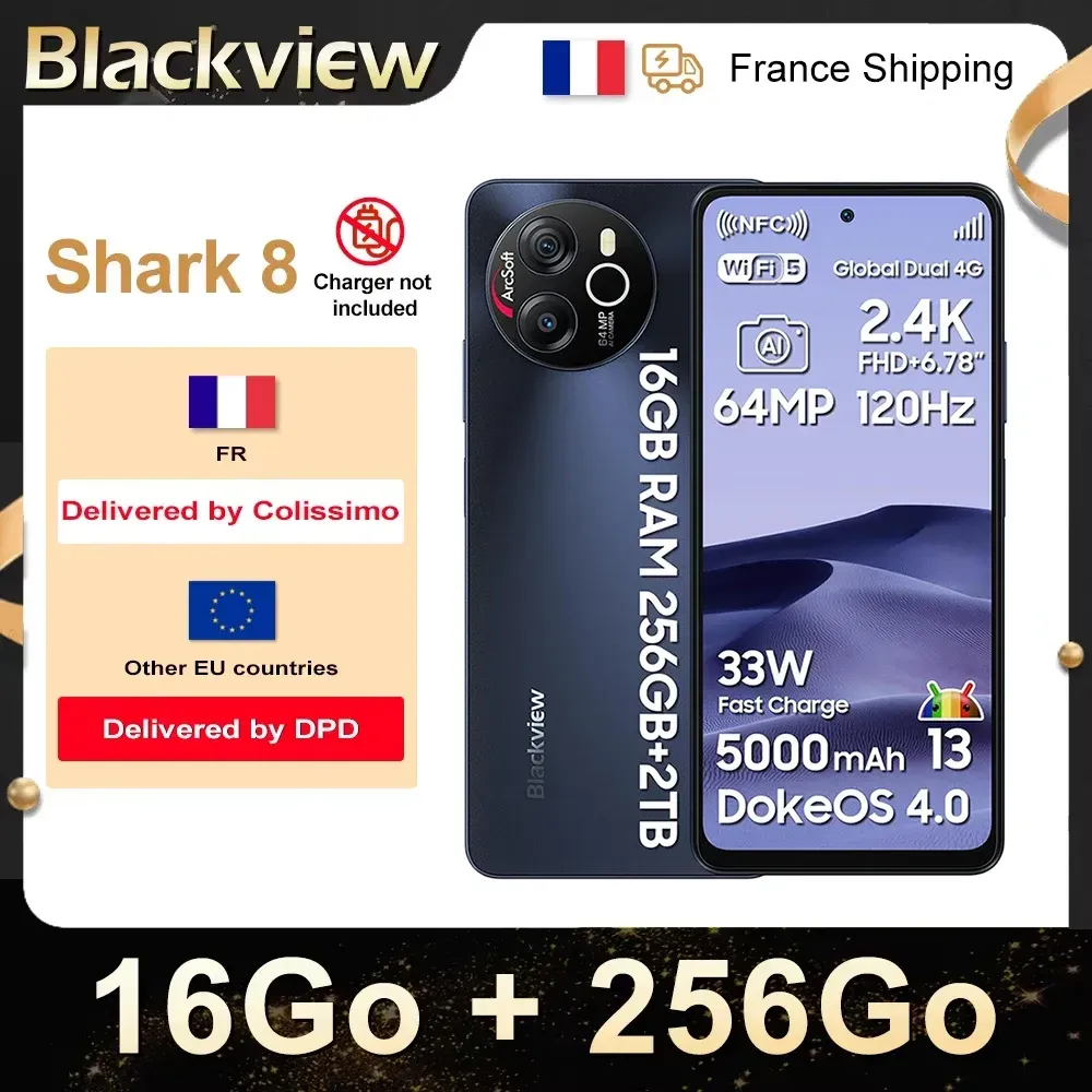 Blackview SHARK 8 Smartphone [Kein EU-Ladegerät] Android 13 5000mAh - 2.4K Bildschirm 6.78'' 120Hz - 16GB+256GB - 64MP+13MP Kamera - NFC