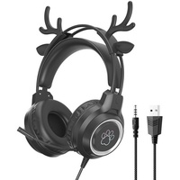 KINSI Headset,Gaming-Headset mit Katzenohren,Geräuschunterdrückung Over-Ear-Kopfhörer (Hirschohren, Stereo, Abnehmbare Katzenohren, Klappbar) schwarz
