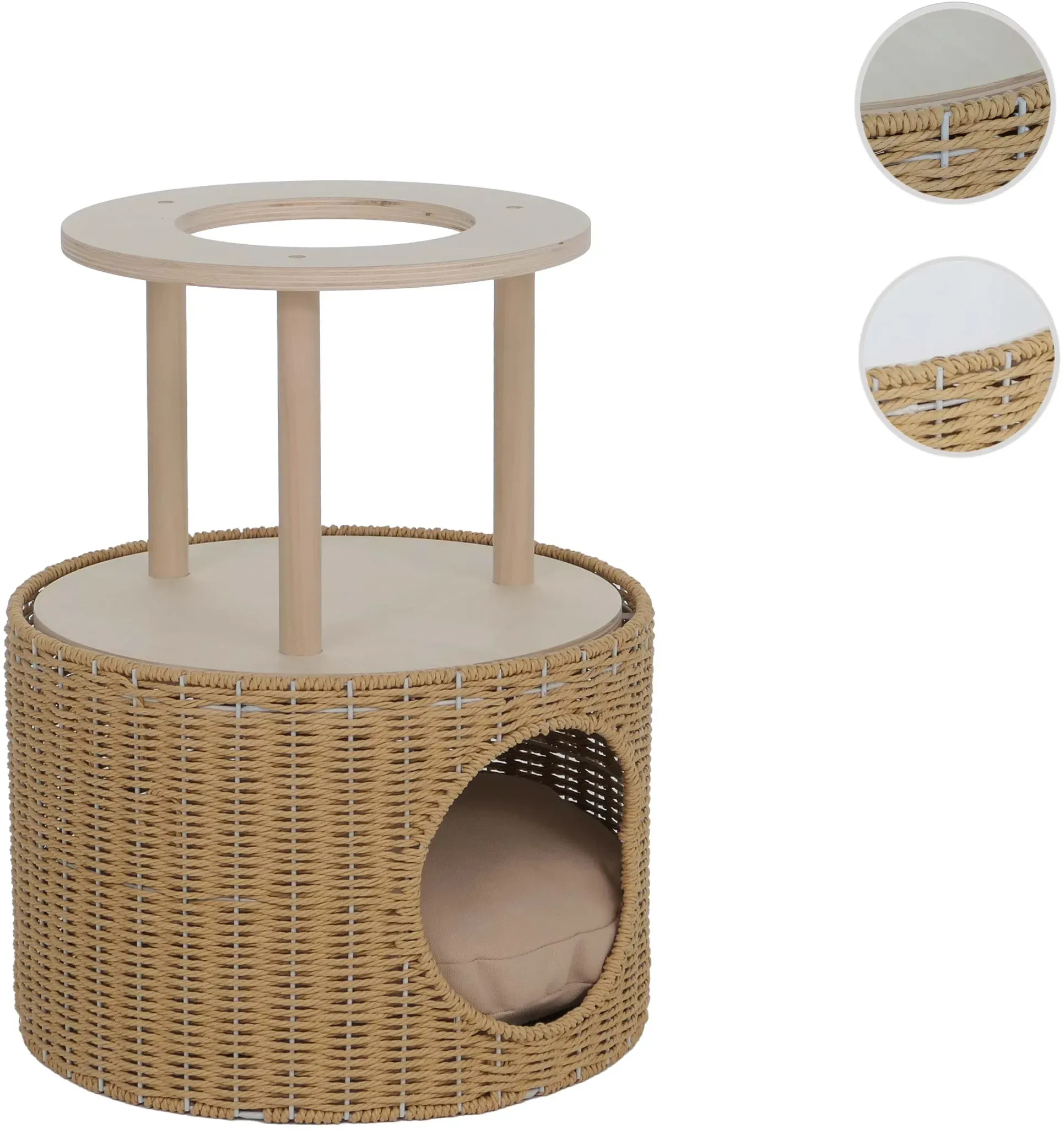Katzenbett HWC-Q59, Katzenhöhle mit Kletterbereich Plattform Katzenkorb/-möbel Holz MVG 50x39x39cm ~ natur, Kissen beige