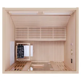Dewello MINTO 150x130 Kabine aus Hemlock für 3 Personen mit 4,5 kW Ofen