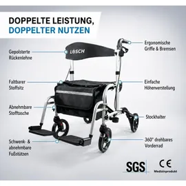 lösch reha Twin 2 in 1 Rollator und Rollstuhl Silber-Metallic