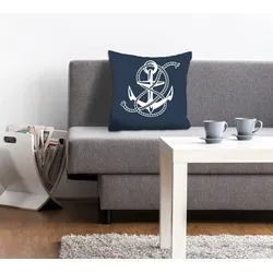 Dekokissen QUEENCE "Jessica", blau (blau, bedruckt), B:40cm L:40cm, Polyester, Dekokissen_Sitzkissen_Kissenhüllen, Kissenhülle,Anker,Tau,Maritim,Nautisch,Strand,Sommer,Blau,Weiß