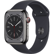 Apple Watch Series 8 GPS + Cellular 45 mm Edelstahlgehäuse graphit, Sportarmband mitternacht