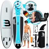 Bluemarina SUP-Board Aufblasbares Bluemarina SUP Board Ariki inkl. 5 J. Garantie, Stand Up Paddle Board, (10 - 15 cm dick, PVC, max 140 kg), Paddling board, Paddelboard, Surfboard, (Erwachsene bis 140 kg - 3-Finnen - Action-Cam-Halterung, UV Resistentes PVC - D-Ringe - Transportrucksack - Wasserabweisend), Surfbrett - Surfboard - Paddelboard - Stand Up Paddle blau|schwarz 325x86x15 | 325 cm