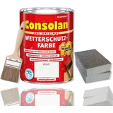 Consolan Wetterschutzfarbe Set 2,5 l Holzfarbe Dauerschutz Deckend mit Zubehör (Weiß)