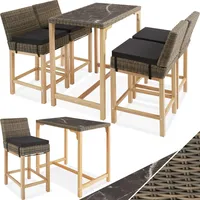 tectake® Alu Rattan Bartisch mit Barhocker, 5-teiliges Gartenbar Set für Terrasse und Balkon, UV-beständiges Polyrattan, Tisch mit Feinsteinzeug Platte, wetterfeste Gartenmöbel - Natur