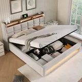 MODFU Boxspringbetten Polsterbett 180x200cm, Doppelbett Hydraulisches Bettkasten mit LED-Erleuchtung und USB(Ohne Matratze),Beige - Beige