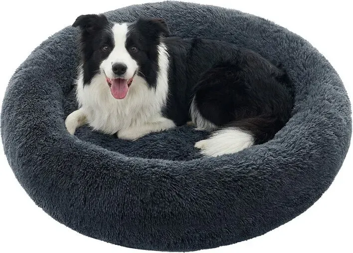 SONGMICS Flauschiges Hundebett, Katzenbett, Donut-Kissen, waschbar, herausnehmbares Innenkissen, langfloriges Plüsch, 100 cm Durchmesser, dunkelgrau