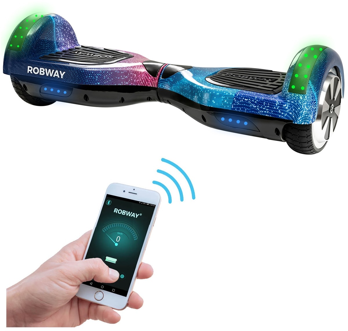 ROBWAY W1 Hoverboard für Erwachsene und Kinder, 6,5 Zoll, Self-Balance, Bluetooth, App, 700 Watt, LEDs (Shooting Star)