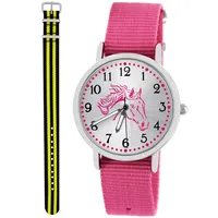 Pacific Time Kinder Armbanduhr Mädchen Junge Pferd Kinderuhr Set 2 Textil Armband rosa + schwarz gelb analog Quarz 10565