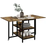 HOMCOM Esstisch Klappbar mit 2 Ablagen 140 x 80 cm Rollen Stahl Rustikal-Braun