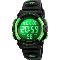 Alienwork Seven-color LED Digital Kinderuhr Jungen Mädchen Schwarz Kautschuk-Armband Kalender Mehrfarbig Chronograph Sportlich Multi-funktion