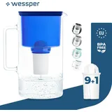 Wessper Wasserfilterkanne Aus Glas 3 L Blau Kompatibel Mit Brita Classic -wasserfilterkartuschen | Inklusive 10 Wasserfilter-kartusche - Blau