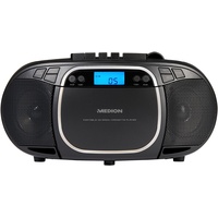 MEDION E66476 Stereo Sound System (Boombox, CD-Player, MP3, Kassette, tragbarer Kassettenspieler für Kinder, UKW Radio, AUX, Kopfhörer, Netz & Batterie) schwarz