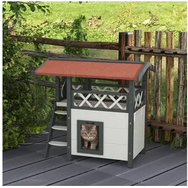 PawHut Katzenhaus mit Asphaltdach 2-stöckig 77 x 50 x 73 cm Rot/Weiß
