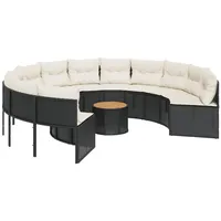 vidaXL Gartensofa mit Tisch und Kissen Rund Schwarz Poly-Rattan