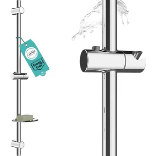 LAAKFELD Duschstange 90cm rostfrei mit Seifenhalter - Brausestange 90 cm variable Bohrlöcher dank flexibler Wandhalterungen - universal Dusch Stange lang mit top Slider - Wandstange Dusche variabel