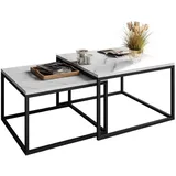 Lukmebel Yoshi LEVANTO 2-In-1 Couchtisch Set Aus Zwei Tischen Metallfuß Matt Quadratische Arbeitsplatte 60x60x40 70x70x46 Marmor Levanto mit schwarzem Gestell
