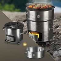 BBQ#BOSS Raketenofen mit Power Ring, Silber, Edelstahl Campingofen, Campingkocher Holz Kohle, Camping BBQ Holzofen zum Kochen, Outdoor-Küche, Gusseisen Grillpfanne, Raketenherd Campinggrill Dutch Oven