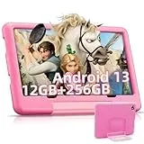 Kinder Tablet 10 Zoll Tablet Android 13, 12GB RAM + 256GB ROM, Tablet für Kinder Kindersicherung, Dual-Kamera HD IPS, Kid Tablet 5G WiFi/ BT 5.0/ Lernsoftware/ Netflix, Tablet Kinder mit Hüllen,Rosa