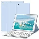 ZOYU Hülle mit Tastatur für iPad 9. 8. 7. Generation 2021 2020 2019, iPad 9/8/ 7 10,2 Zoll Hülle mit Tastatur, Bluetooth Keyboard Folio mit Stifthalter, QWERTZ Layout, Himmelblau