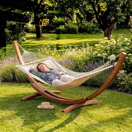 CLP Hängematte freistehend Miramar mit Holzgestell bis 150 kg belastbar, ideal für Garten, Terrasse, Balkon, Farbe:Creme