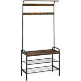 Tectake tectake® Garderobenständer, Industrial Style, mit Sitzfläche, 2 Gitterablagen und 9 abnehmbaren Haken, inklusive Kippschutz, 85,5 x 36 x 184 cm