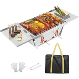 Unyqoos® Klappbarer Holzkohlegrill – kompakt & tragbar, verstärkter Edelstahl, 65×25×14 cm aufgeklappt / 35,7×25×2 cm zusammengeklappt, 3 k... - Silber
