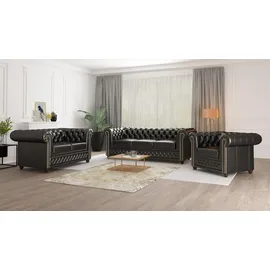 s-style möbel SITZGARNITUR 3+2+1 Chesterfield Morin Schwarz Vegan Leder