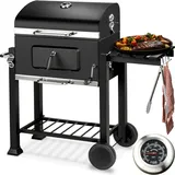 tectake® Holzkohlegrill mit Thermometer, Smoker mit Deckel, klappbare Seitenablage mit Haken, Holzkohle Grill mit höhenverstellbarer Holzkohlewanne, fahrbarer Grillwagen, BBQ-Grill mit Ascheschublade