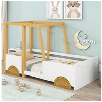 SOFTWEARY Kinderbett Autobett mit Rollrost (90x200 cm), Einzelbett mit Rausfallschutz, Kiefer weiß
