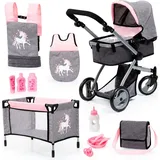 Bayer Puppenwagen Mega grau/rosa, (Set), mit Reisebett, Schlafsack, Wickeltasche und Zubehör grau|rosa