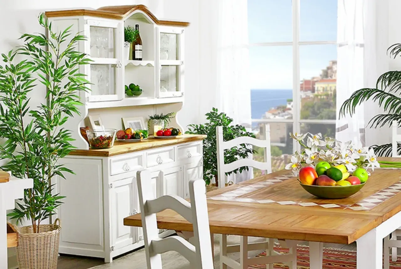 Großes Mexico Buffet Vitrine Anrichte, Pinie weiss / honig, Landhausstil shabby Möbel