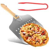 Pizzaschieber Edelstahl, Pizza Peel 30,5 x 34cm, Pizzaschieber mit einklappbaren Holzgriff - Perforierte Pizzaschaufel Mit 3 Kunststoffclips für hausgemachte Pizzen, Backen, Brot - Pizza Zubehör
