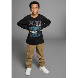 Langarmshirt KIDSWORLD "Bitte nicht stören...", Jungen, Gr. 152/158, schwarz, Jersey, Obermaterial: 100% Baumwolle, bedruckt, modisch, Basic, Rundhals, Langarm, Shirts, Langarm, Basic-Passform, bedruckt, Rundhalsausschnitt