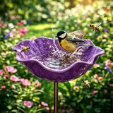 Handgefertigte Vogeltränke aus Metall in Blumenform – Winterfester Gartenstecker als Bienen- & Insektentränke für Draußen – Elegante Gartendeko-Figur (Lila)